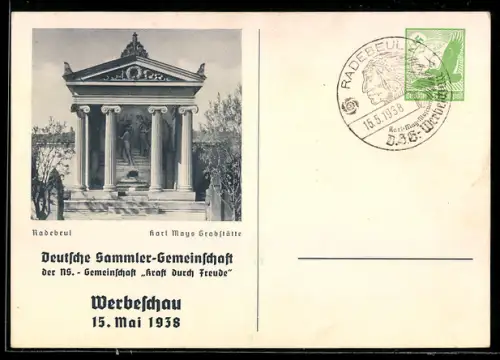 AK Radebeul, Deutsche Sammler-Gemeinschaft Werbeschau 1938, Karl Mays Grabstätte, Ganzsache, 