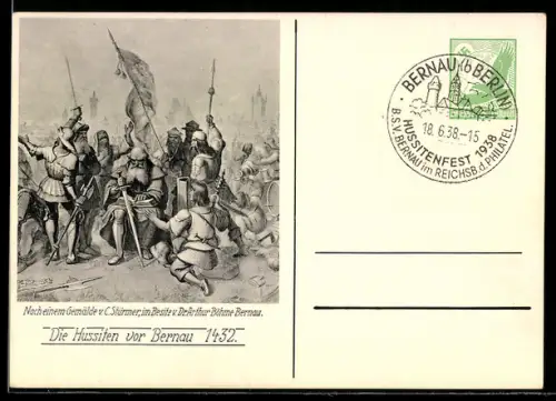 Künstler-AK Bernau / Mark, Die Hussiten vor der Stadt, Ganzsache, 