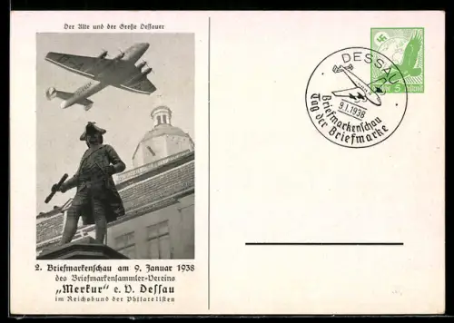 AK Dessau, 2. Briefmarkenschau des Sammler-Vereins Merkur 1938, Der Alte und der Grosse Dessauer, Ganzsache, 