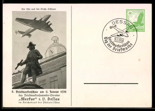 AK Dessau, 2. Briefmarkenschau des Sammler-Vereins Merkur 1938, Der Alte und der Grosse Dessauer, Ganzsache, 