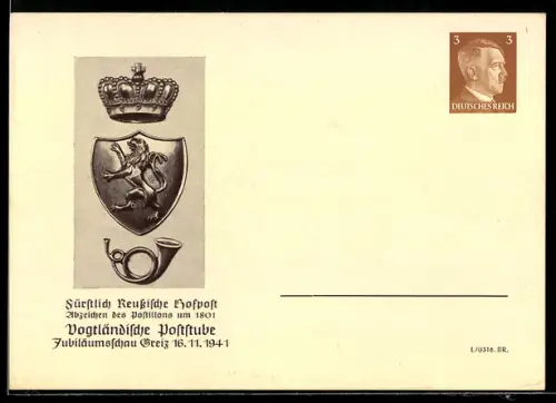 AK Ganzsache PP 152 C3 /02: Greiz, Vogtländische Poststube, Fürstlich Reussische Hofpost, Abzeichen d. Postillons um 1801