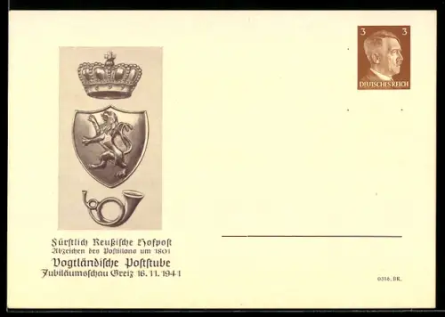 AK Ganzsache PP 152 C3 /01: Greiz, Vogtländische Poststube, Fürstlich Reussische Hofpost, Abzeichen des Postillons um 180
