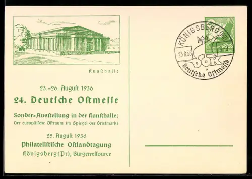 AK Königsberg, 24. Deutsche Ostmesse 1936, Partie an der Kunsthalle, Ganzsache, 