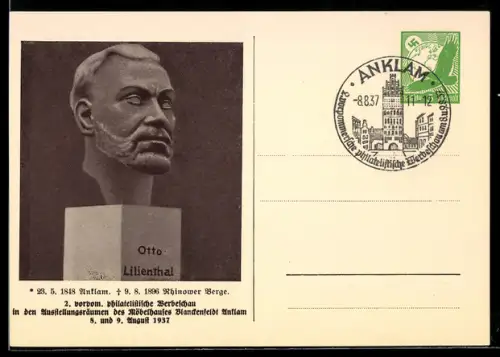 AK Anklam, 2. vorpom. philatelistische Werbeschau 1937, Büste von Otto Lilienthal, , Ganzsache