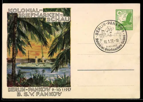 Künstler-AK Berlin-Pankow, Kolonial-Briefmarkenschau 1937, Kriegsschiff vor der Küste, Ganzsache, 