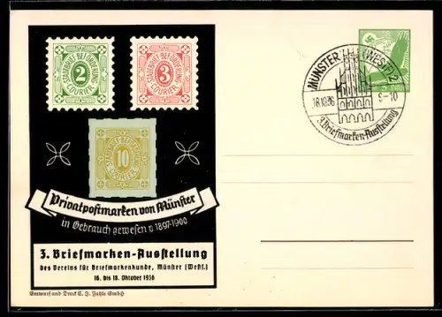 AK Münster i. W., Privatpostmarken von Münster, 3. Briefmarken-Ausstellung 1936, Ganzsache, 
