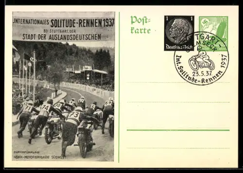 AK Stuttgart, Motorräder beim Start, Internationales Solitude-Rennen 1937, Banner Stadt der Auslandsdeutschen, Ganzsache