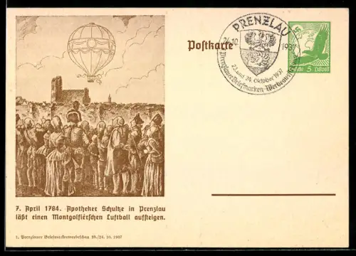 AK Prenzlau, 1. Prenzlauer Briefmarkenwerbeschau 1937, Ballon des Apothekers Schultze, Ganzsache, 