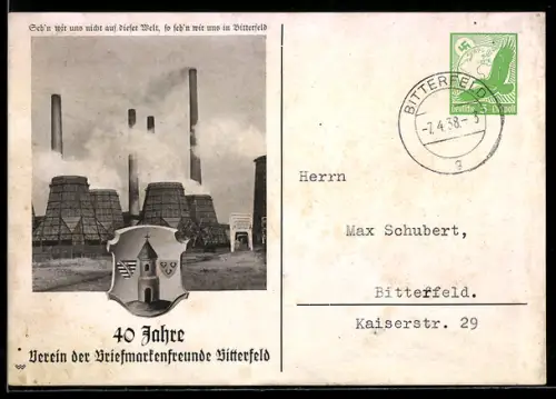 AK Bitterfeld, 40 Jahre Verein der Briefmarkenfreunde, Industrieanlagen, Ganzsache, 