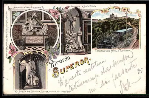 Lithographie Superga, Monumento a Carlo Emanuele III., Panorama della ferrovia Funicolare