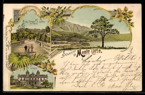 Lithographie Monte Carlo, Les Terrasses et Jardins du Casino, Le Casino
