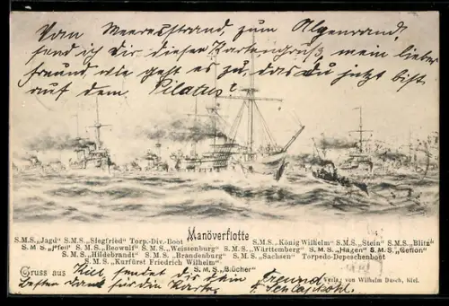 AK Kriegsschiffe S.M.S. Jagd, Siegfried, König Wilhelm, Stein, Blitz und Torpedoboote im Manöver