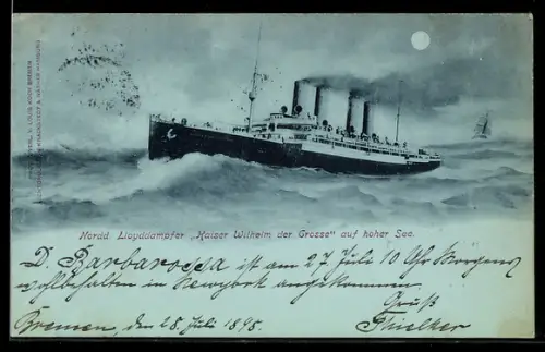Mondschein-AK Passagierschiff Kaiser Wilhelm der Grosse vom Norddeutschen Lloyd in schwerer See