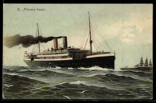 AK Passagierschiff Prinzess Irene in Fahrt bei bewegter See, Segelschiff im Hintergrund