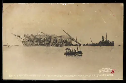 AK Kentern des Passagierschiffes Principessa Jolanda beim Stapellauf 1907 in Sestri Levante, Seenotrettung