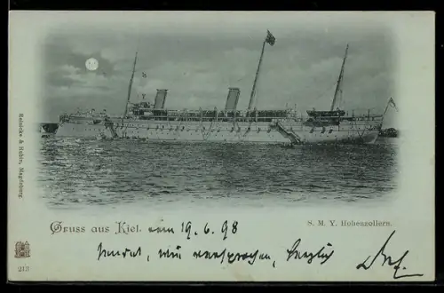 Mondschein-AK Kaiserliche Yacht S.M.Y. Hohenzollern im Hafen von Kiel