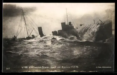 AK Torpedoboot V-188 in schwerem Sturm, sank mit Bremen 17.2.1916, am Vorschiff sichtbares Bugruder