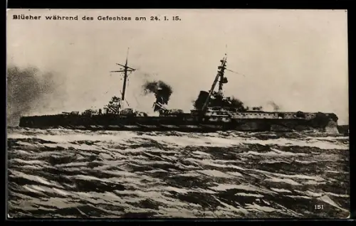 AK Grosser Kreuzer Blücher während des Seegefechtes auf der Doggerbank 24.1.1915