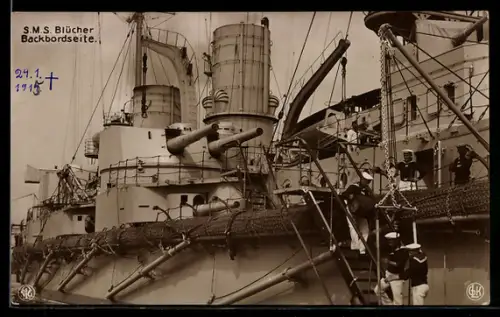 AK Grosser Kreuzer S.M.S. Blücher, Geschütze an der Backbordseite, Kriegsschiff