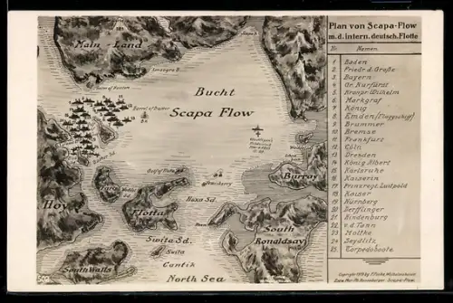 AK Scapa Flow, Plan von mit der Internierten deutschen Flotte, Linienschiffe Baden und Bayern, Kriegsschiff