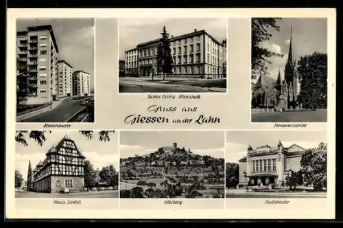 AK Giessen an der Lahn, Justus Liebig-Hochschule, Johanneskirche, Stadttheater, Neues Schloss, Hochhäuser