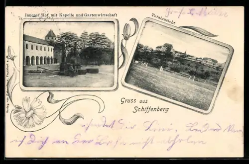 AK Schiffenberg, Innerer Hof mit Kapelle und Gartenwirtschaft, Totalansicht
