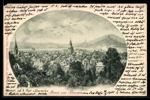 Lithographie Giessen, Stadtansicht mit Kirche und umliegenden Bergen