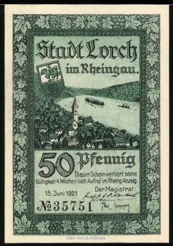 Notgeld Lorch im Rheingau 1921, 50 Pfennig, Ortsansicht und Bergsturz-Motiv