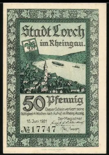 Notgeld Lorch im Rheingau 1921, 50 Pfennig, Ortsansicht und Loreley Felsenmotiv