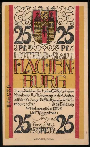 Notgeld Hachenburg 1921, 25 Pf, Wappen und Marktbrunnen zu Hachenburg