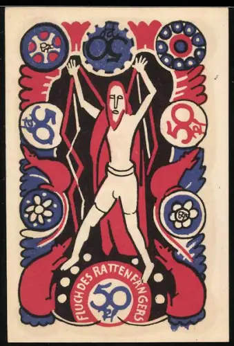 Notgeld Hameln 1921, 50 Pf, Fluch des Rattenfängers mit Ratten und abstrakten Mustern