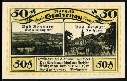 Notgeld Stolzenau /Weser 1921, 50 Pf, Bad Rehburg Gesamtansicht und Kurhaus