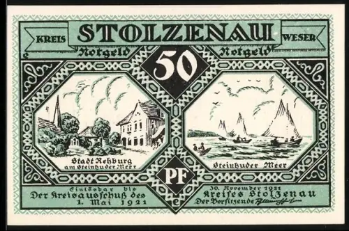 Notgeld Stolzenau /Weser 1921, 50 Pfennig, Stadt Rehburg und Steinhuder Meer mit Segelbooten