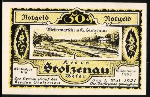 Notgeld Stolzenau /Weser 1921, 50 Pfennig, Wesermarsch-Landschaft und Gedicht von W. Busch