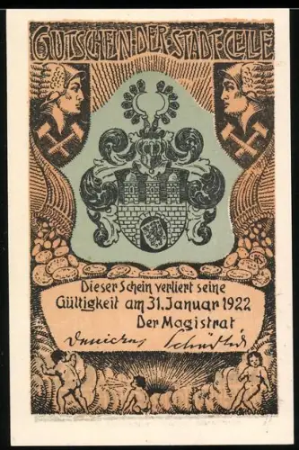 Notgeld Celle 1922, 100 Pfennig, Wappen und Naturmotive mit Bäumen und Figuren