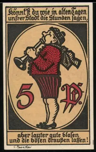 Notgeld Eschwege 1920, 5 Pfennig, Mann mit Trompete und Stadtwappen