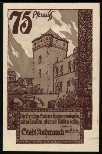 Notgeld Andernach am Rhein 1920, 75 Pfennig, Burg und Stadtwappen