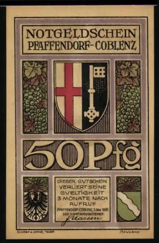 Notgeld Coblenz-Pfaffendorf 1921, 50 Pfennig, Wappen und Handschlag über Landkarte von Coblenz