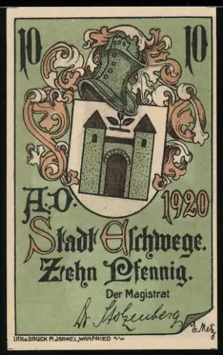 Notgeld Eschwege 1920, 10 Pfennig, Stadtmauer mit Turm und Zitat Arbeit ist des Bürgers Zierde