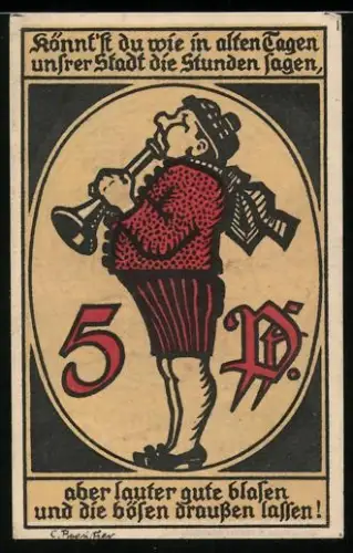 Notgeld Eschwege 1920, 5 Pfennig, musizierender Mann mit Trompete und Stadtwappen