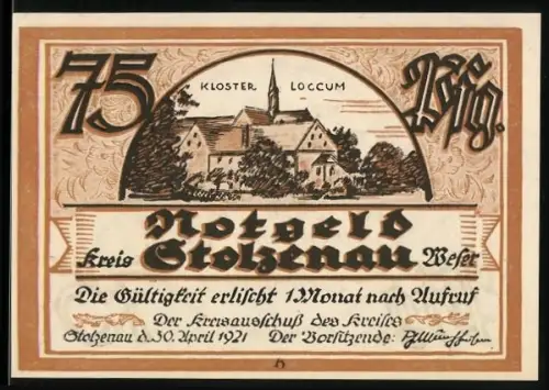 Notgeld Stolzenau /Weser 1921, 75 Pfennig, Kloster Loccum und Spruch von W. Busch