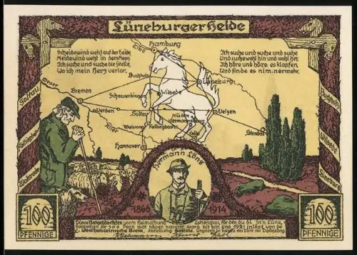 Notgeld Lüneburg 1921, 100 Pfennig, Hermann Löns und Ortsansicht mit Wappen der Lüneburger Heide