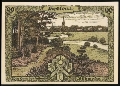 Notgeld Soltau 1921, 90 Pfennig, Landschaft mit Kirche und Karte der Lüneburger Heide