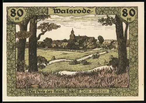 Notgeld Walsrode, 80 Pfennig, Klosteransicht und Lüneburger Heide mit Karte und Hermann Löns