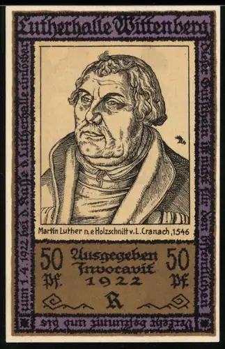 Notgeld Wittenberg 1922, 50 Pf, Martin Luther Porträt und Kircheninterieur