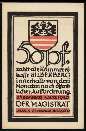 Notgeld Silberberg 1920, 50 Pf, Wappen mit roten Streifen und stilisiertem Design