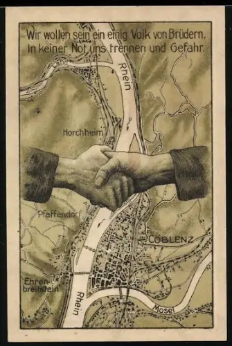 Notgeld Pfaffendorf /Coblenz 1921, 50 Pfennig, Karte mit Handschlag und Wappen mit Kreuz und Schlüssel