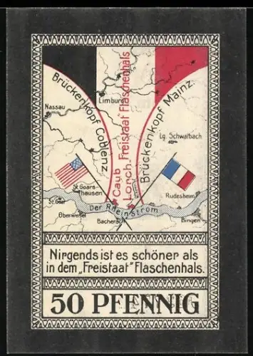Notgeld Lorch /Rheingau 1921, 50 Pfennig, Karte des Freistaats Flaschenhals und Ortsansicht mit Wappen