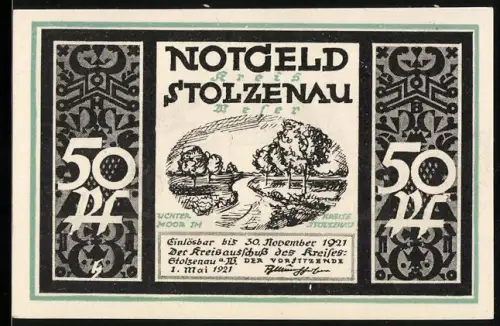 Notgeld Stolzenau /Weser 1921, 50 Pf, Landschaft mit Fluss und Wilhelm Busch Illustration
