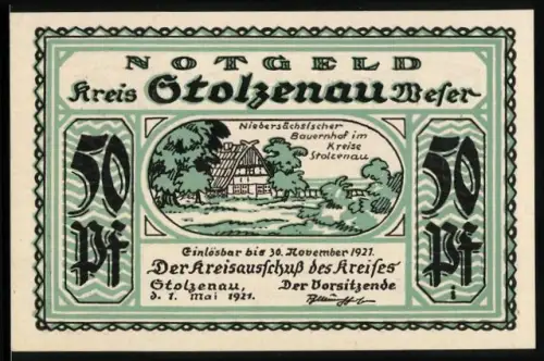 Notgeld Stolzenau /Weser 1921, 50 Pfennig, Bauernhof und Tischrunde mit Spruch